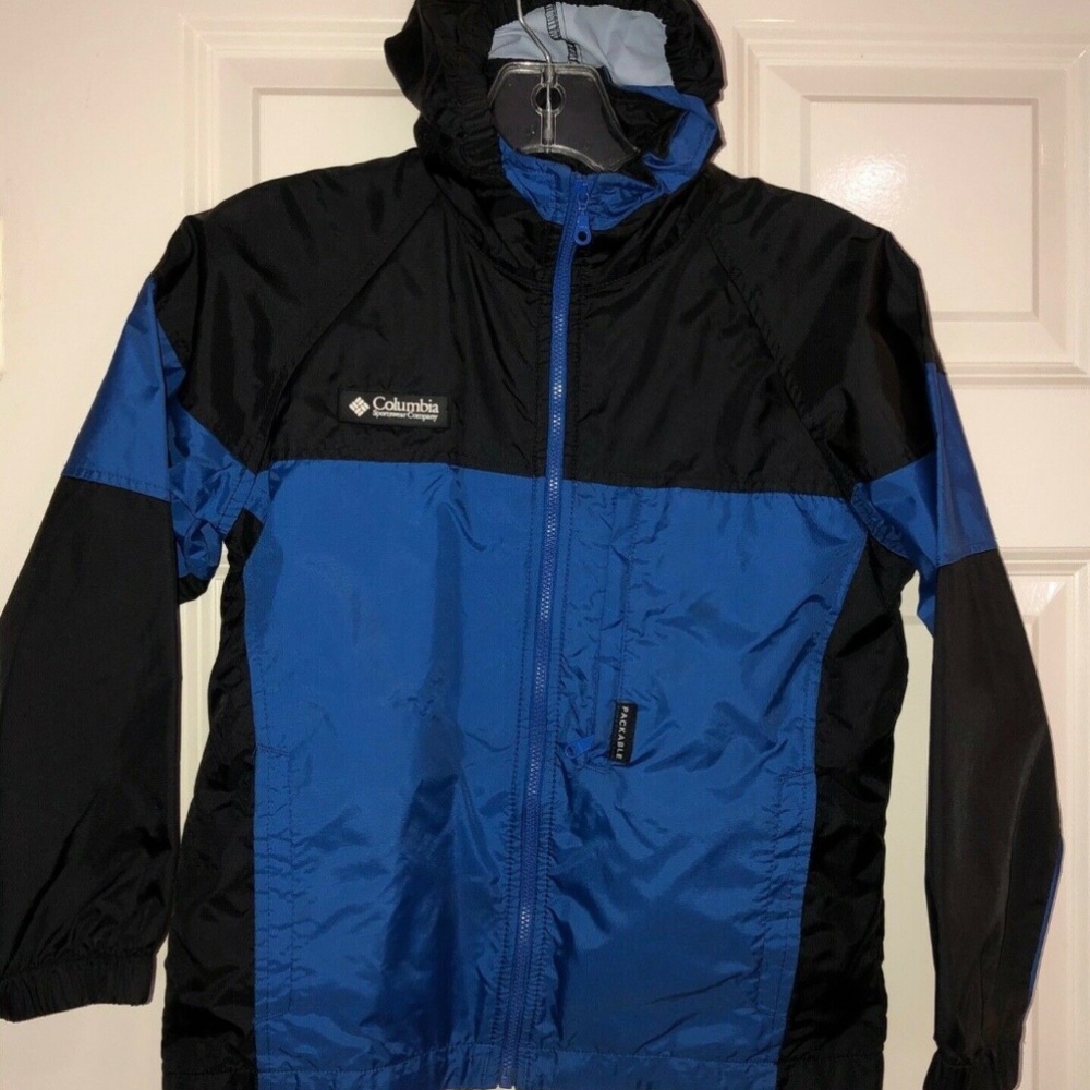 Vintage COLUMBIA Boys Blue Black Windbreaker PACKABLE Lined Jacket Hood SZ 8
